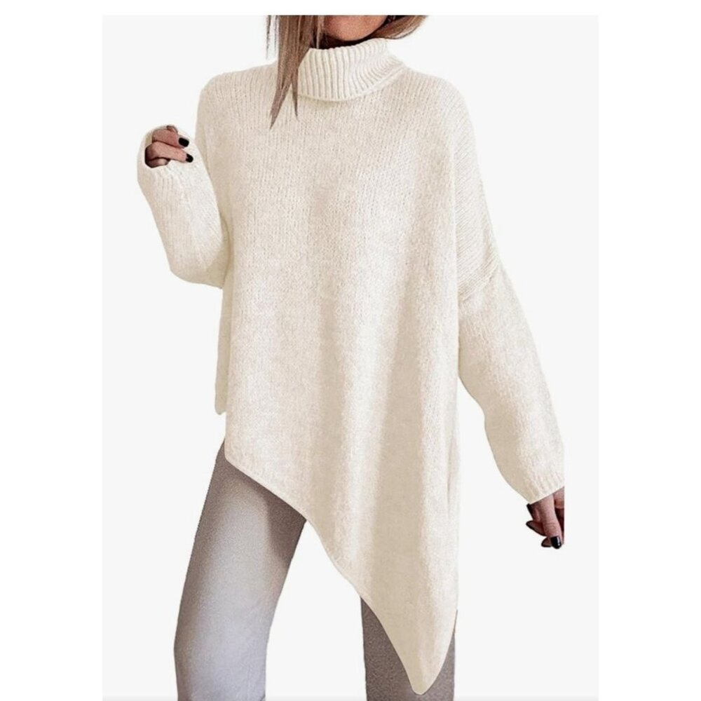 BTBFM Women's Asymmetrical Turtleneck Sweater Size Small Beige Cozy Warm Winter